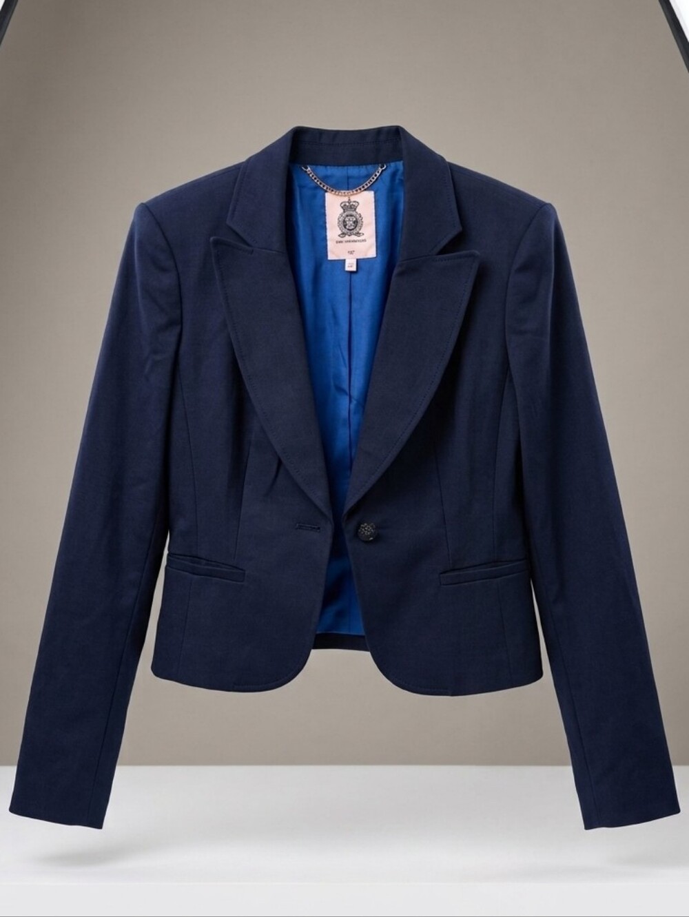 545 Juicy Couture Navy Blue Cropped Cotton Blazer Jacket Crest Buttons Size L